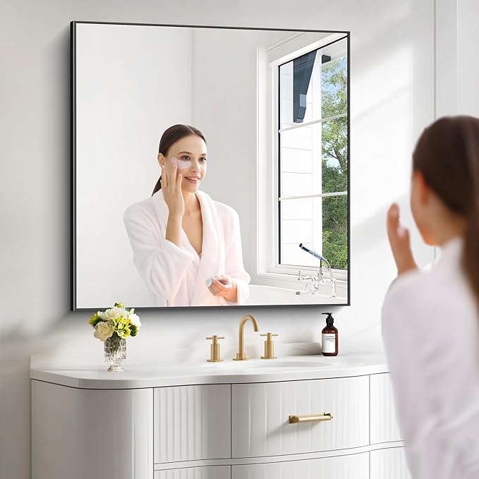 Black Bathroom Mirror for Wall, 42x42 Inch Wall Mounted Rectangle Mirrors with Metal Frame, Large Modern Vanity Wall Square Mirror for Bathroom Living Room, Entryway