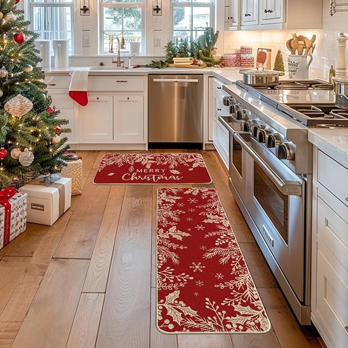 Artoid Mode Holly Pine Branches Leaves Merry Christmas Kitchen Mats Set of 2, Winter Decor Low-Profile Kitchen Rugs for Floor - 17x29 and 17x47 Inch