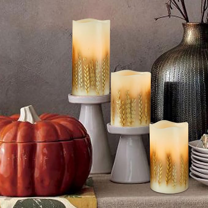 3 Pack Wheat Flickering Candles, Fall Decor Flameless Candles, Farm House Realistic Pillar Candle with Remote&Timer for Havest Celebration,Fall Decor, Home, Party