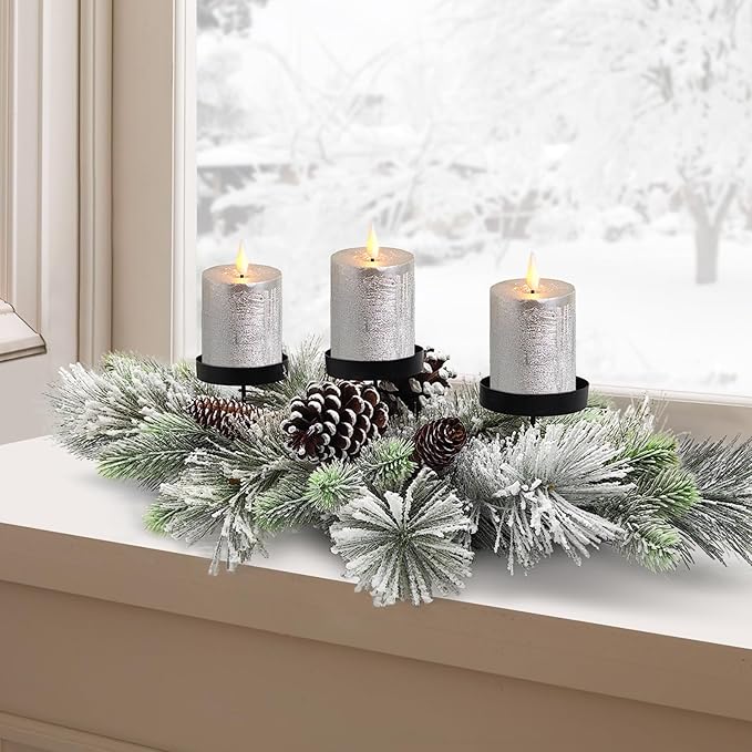 BAYN Christmas Centerpiece Table Decorations, Handcrafted Snowy Pine Cones and Pine Needles with 3 Candle Holders for Dining Table Fireplace Mantel - 27.5 in