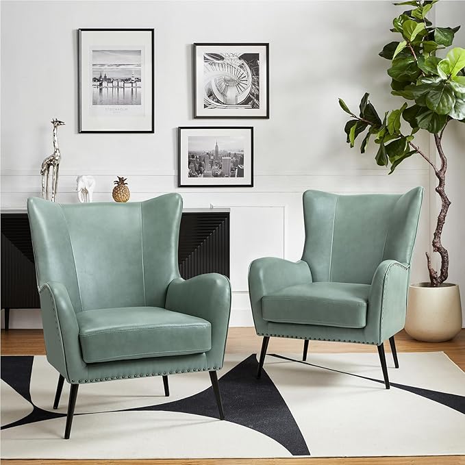 HULALA Home Faux Leather Accent Chair Set of 2 w/Removable Cushion, Comfy Upholstered Armchair with Metal Legs & Nailhead Trim Wingback Vanity Chair Desk Chair for Reading Living Room Bedroom, SAGE