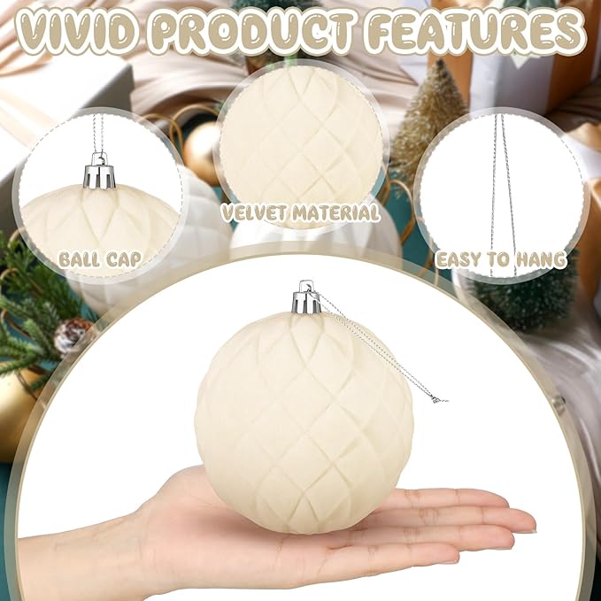 4 Pcs 4 Inch Large Velvet Christmas Ball Ornaments Vintage Christmas Plastic Ball Ornaments Flocked Tree Hanging Decoration for Xmas Party Wedding Home Decor(Beige)