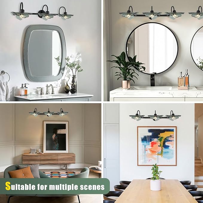 Black Bathroom Vanity Light mid Century Wall Sconce 3-Light Bathroom Wall Light Wall lamp with Dark Green Glass Shade Mirror Black Vanity Light Over Mirror for Bedroom Hallway Living Room