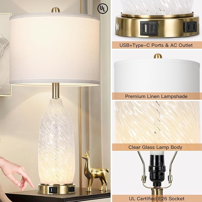 26" Modern Clear Glass Table Lamps Set of 2,Nightstand Lamp with USB A+C Ports & AC Outlet,Bedside Lamps with 3-Way Dimmable Touch Control Night Light for Bedroom Living Room(Bulbs Included)