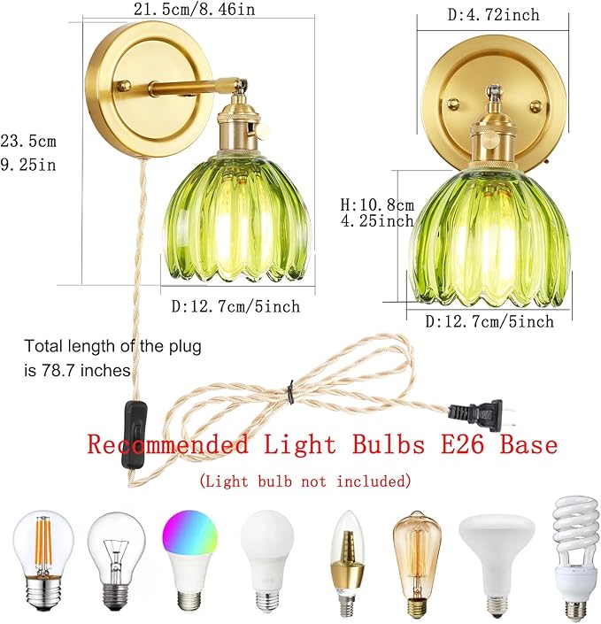 Plug in Vintage Wall Sconces Set of 2, 180 Degree Adjustable Brass Vanity Lights Fixture with Green Tulip Glass Lampshade, Modern Wall Lighting for Bedside Bedroom Bathroom