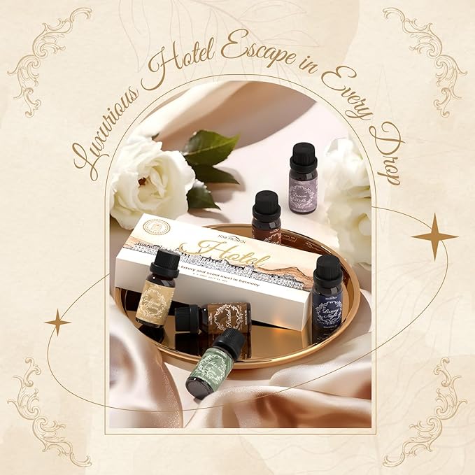 Fragrance Oils Hotel Set—Santal, Luxury Night, White Tea & Thyme, Gardenia Bloom, Dream Walk, Citrus Amber, Essential Oils for Diffuser, Candle & Soap Making, Luxury Diffuser Oils Scents