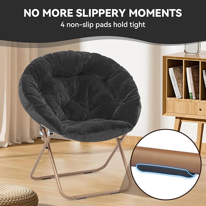 Magshion Saucer Chair for Adults, Comfy Living Room Lounge Chair for Bedroom Corner, Dorm, Apartment, Faux Fur Fluffy Circle Accent Seat with Thick Padded & Folding Metal Frame (Black)