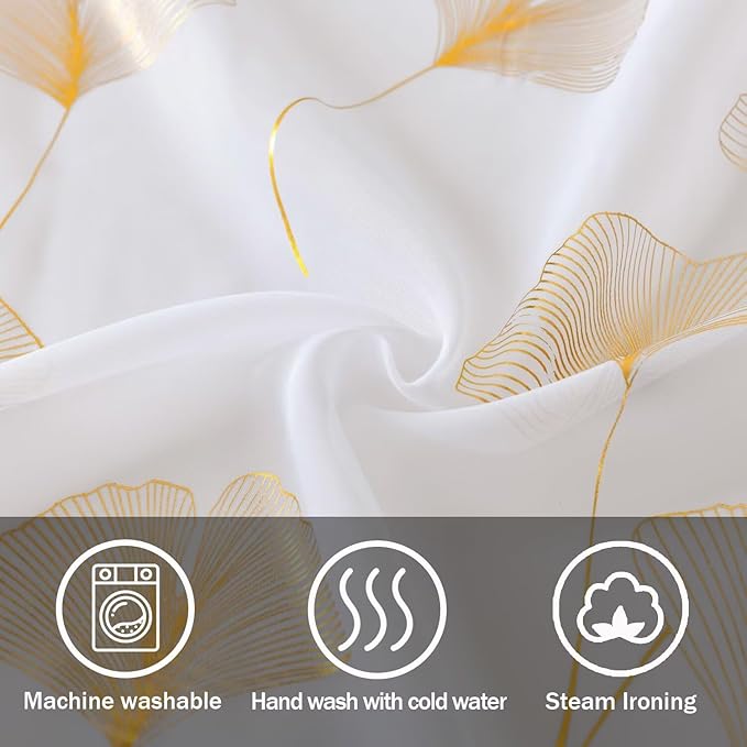 Gold Foil Print Sheer Curtains 84 inches Long, 2 Panels Ginkgo Bronzing Treatment Sheer Curtain, Rod Pocket Window Treatment Panels for Bedroom Living Room