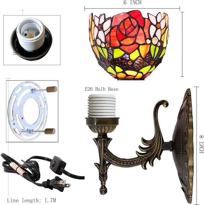 Tiffany Wall Sconce Lamp Blue Stained Glass Flower Style 6X10.5X11 Inch Plug in Wall Bedside Light for Hallway Bedroom (Red Rose Style)