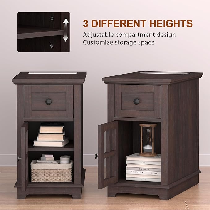 HIFYOBRO Narrow End Table with Flip Top Charging Station Set of 2, Storage Side Table with Drawer and Cabinet, Type-C & USB Port & Power outlets, Wooden Storage Cabinet for Bedroom/Living Room