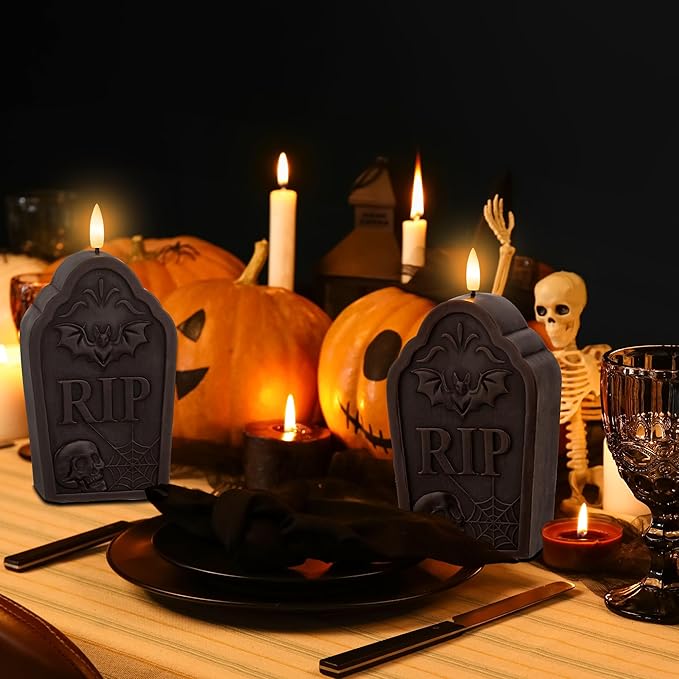 Halloween Flameless Candles with Remote, Real Wax Tombstone LED Candles, Flickering Battery Operated Fake Candle, Halloween Decorations for Table,Fireplace, Home, Party, Festival Decor