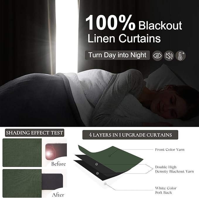 2 Panels Thermal Curtains for Summer Heat, Pinch Pleated Linen Sound Absorbing Total Blackout Curtain 105 Inches Long for 104&106 Inch Windows Drapes for Living Room W40 xL105 Olive Green