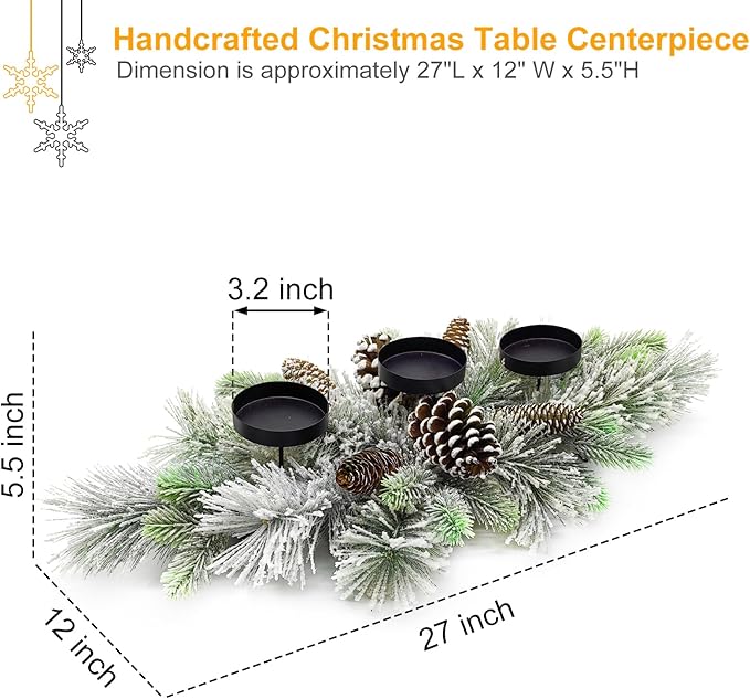 Christmas Table Centerpieces Decorations, 27.5 Inch Designed with Flocked Pine Needles, Frosted Pine Cones for Dining Table Mantel (Snowy)
