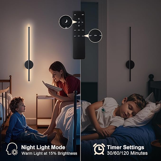 Battery Operated Modern Wall Sconces, Dimmable Wireless Wall Light Set of Two with Remote Control, 3 Color Temperatures, Rechargeable LED Wall Sconce for Bedroom, Living Room, Hallway, 23.6 Inch Black