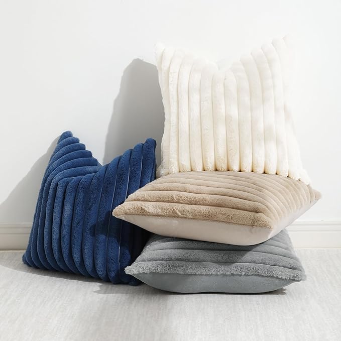 decorUhome Faux Fur Throw Pillow Covers 18x18 Set of 2, Decorative Soft Plush Striped Neutral Couch Euro Pillow Covers with Velvet Back for Sofa, Bed, Living Room Home Decor, Grey