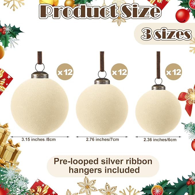 36 Pcs Velvet Christmas Balls Bulk - Flocked Christmas Tree Ball Ornaments Hanging Decoration for Xmas Tree, Wreath, Home or Party Decorations, 2.36", 2.76", 3.15"(Cream White)