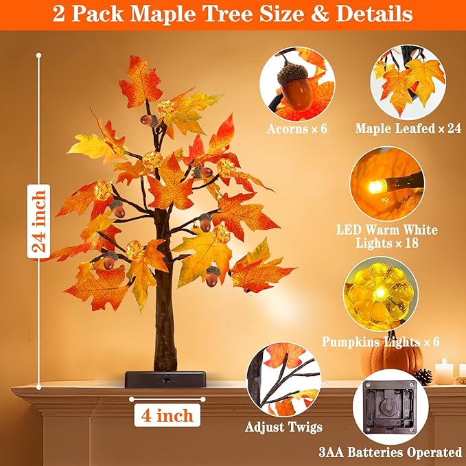 2 Pack 24 Inch Prelit Fall Maple Tree Thanksgiving Decorations, 48LEDs Timer Acorn Pumpkin Lights Fall Decorations for Home Battery Operated Wedding Party Table Autumn Harvest Halloween Fall Decor