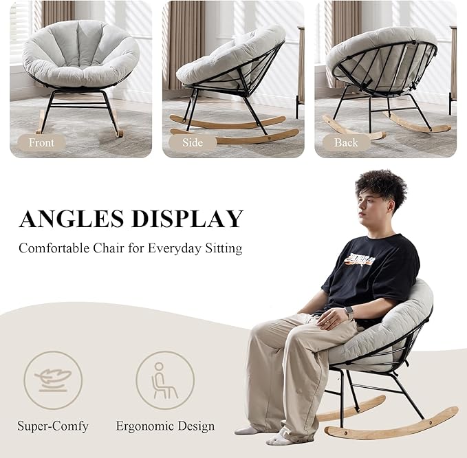 NIOIIKIT Nursery Saucer Rocking Chair, Corduroy Upholstered Round Glider Chair, Nursing Chair with Comfy Cushion, Tufted Papasan Chair, Cozy Reading Chair for Living Room, Bedroom (Beige)