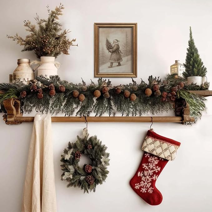 Vintage Christmas Decor Farmhouse Wall Art Gold Framed Rustic Winter Landscape Santa Pictures Painting for Home Living Room Decor (Santa, 12L" x 9.5W")