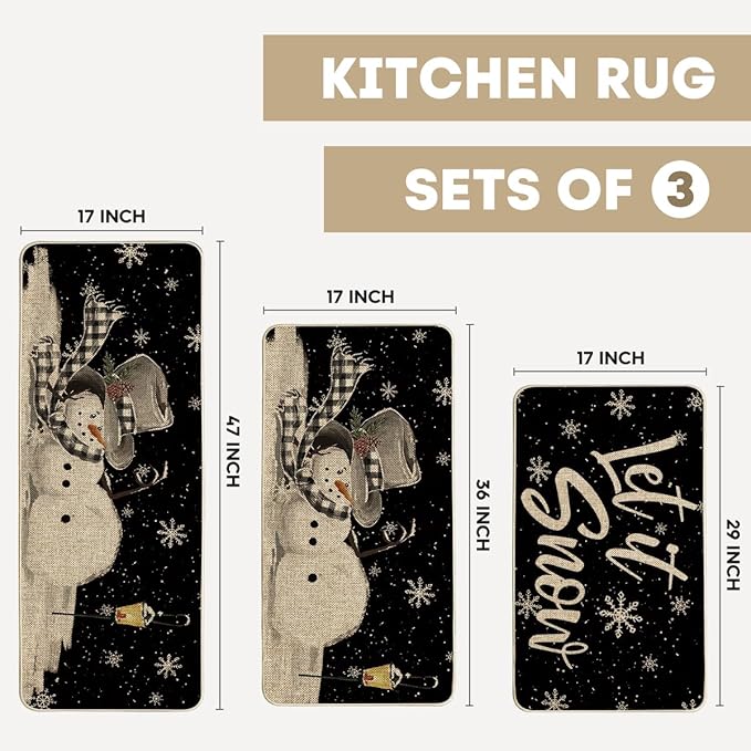 Artoid Mode Let It Snow Snowflake Snowman Light Christmas Decorative Kitchen Mats Set of 2, Home Party Low-Profile Kitchen Rugs - 17"x29"+17"x36"+17"x47"
