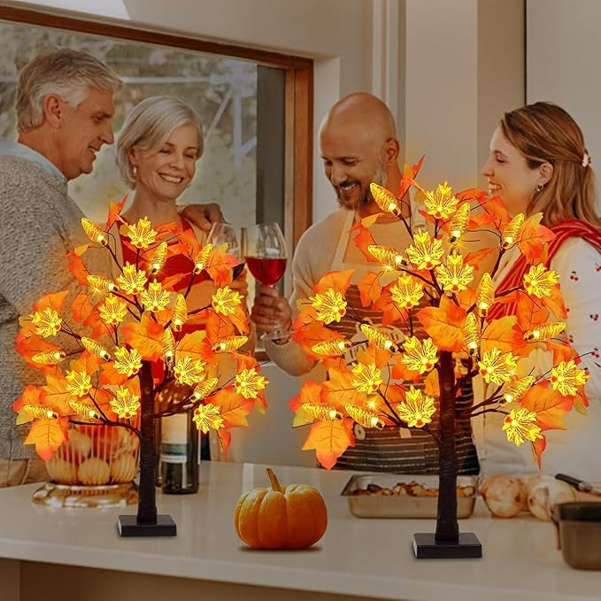 Fall Decor 2 Pack 24 Inch Prelit Fall Maple Tree with 48 LED Lights Battery Operated Timer Light Up Artificial Maple Acorn Tree for Fall Thanksgiving Tabletop Home Indoor Halloween Decor