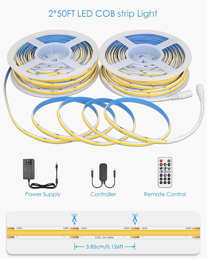 Dimmable COB Led Strip Lights for Bedroom 24V 6500K 100FT 480LED/M Hight Density Bright White Bluetooth Flexible COB LED Tape Lights with Remote Cold White CRI90+ for Cabinet Home Lighting 30M/2roll