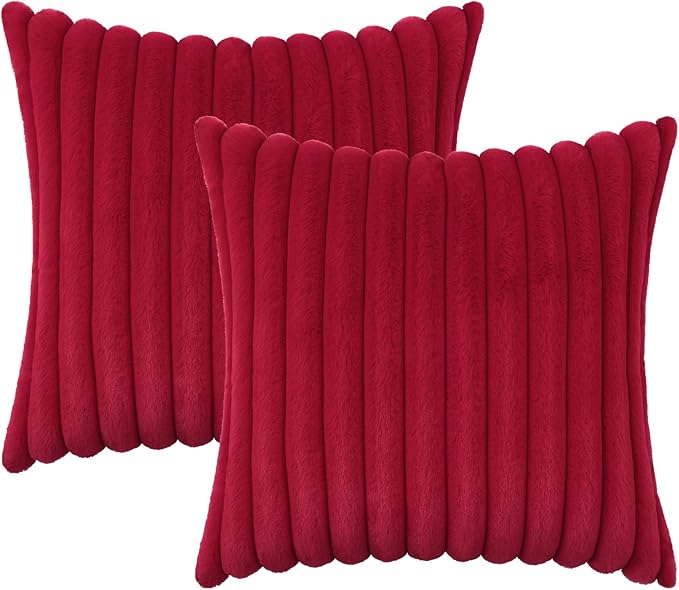 decorUhome Faux Fur Christmas Throw Pillow Covers 22x22 Set of 2, Decorative Soft Plush Striped Neutral Couch Euro Pillow Covers with Velvet Back for Sofa, Bed, Living Room Home Decor, Red