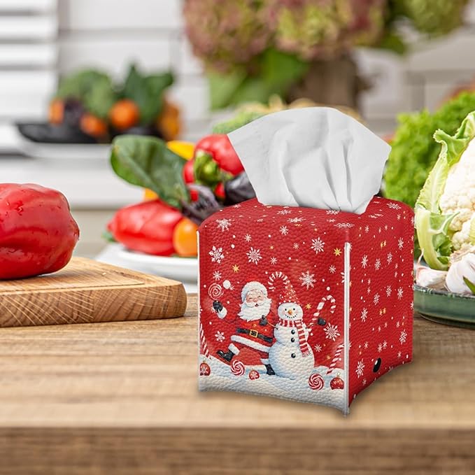 Christmas Tissue Box Cover Square Facial Tissue Holder Storage for Bedroom Bathroom Night Stand Car Santa Claus Snowman Modern Home Decorative with Buttons Napkin Case Covers