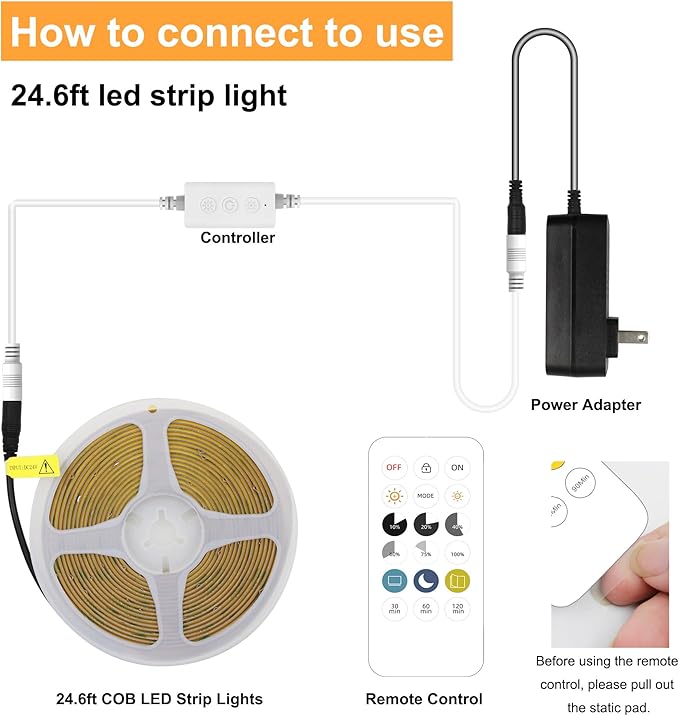 White COB LED Strip Light, Dimmable 24.6ft/7.5m LED Light, 6000K Daylight White 2400 LEDs High Lumen LED Tape Lights CRI 90+ with RF Remote and UL Power for Bedroom,Kitchen,DIY Home Decoration