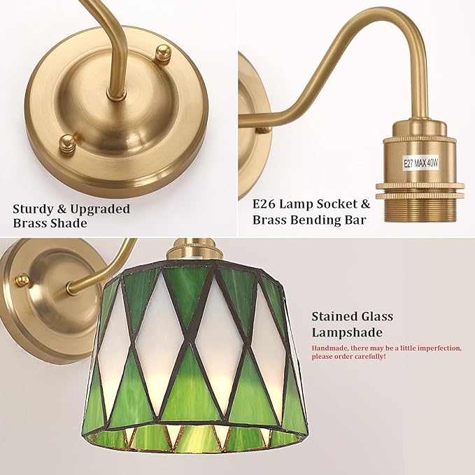 Vintage Battery Operated Wall Sconce Set of 2 with Remote, Rechargeable Wall Lamp 3 Colors Dimmable, Gold Lights Fixture for Bedroom Bathroom Living Room Hallway Green Checker