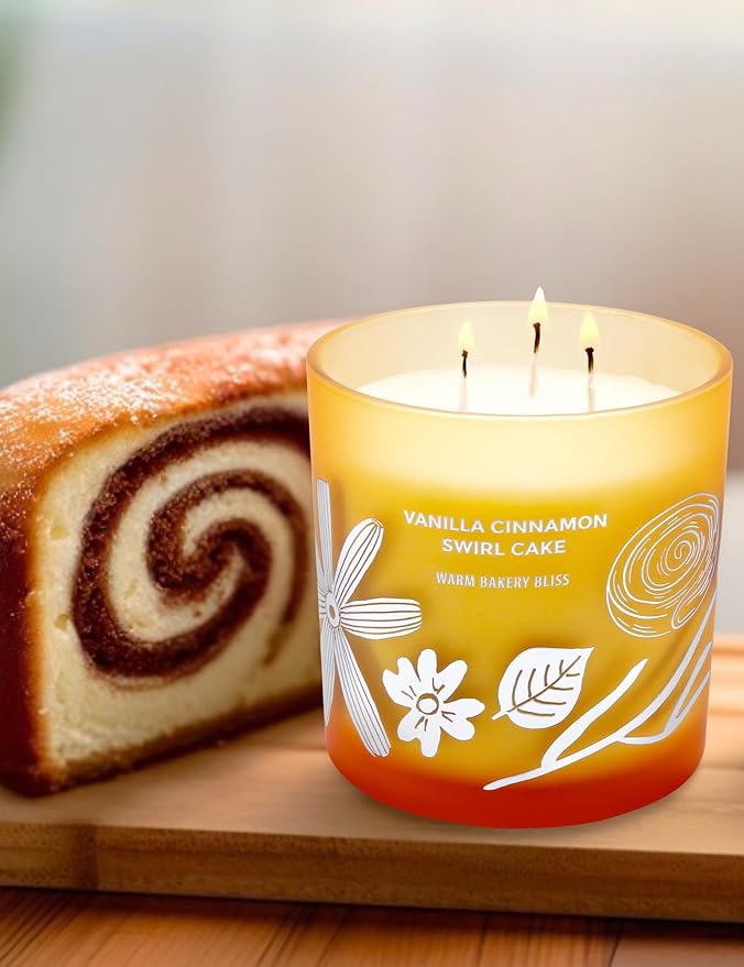Vanilla Cinnamon Swirl Cake 3-Wick Soy Candle | Highly Scented Bakery Candle | 14.5 oz, Clean-Burn | Cozy Fall Aromatherapy Stress Relief Candles for Home | Gift for Women & Men