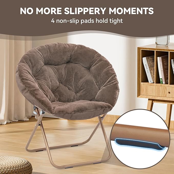 Magshion Saucer Chair for Adults, Comfy Living Room Lounge Chair for Bedroom Corner, Dorm, Apartment, Faux Fur Fluffy Circle Accent Seat with Thick Padded & Folding Metal Frame (Beige)