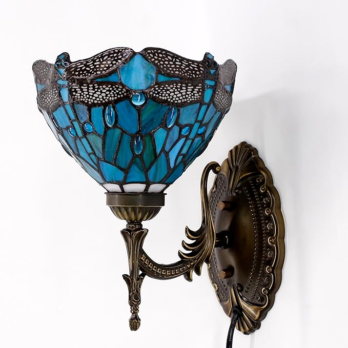 Tiffany Wall Sconce Lamp Blue Stained Glass Flower Style 8X10.5X11 Inch Plug in Wall Bedside Light for Hallway Bedroom (Green Blue Dragonfly Style)