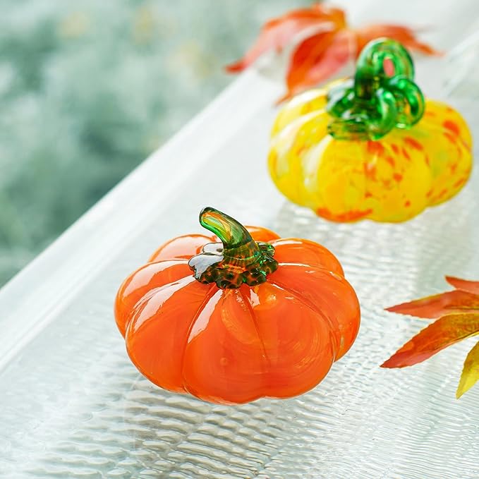 H&D HYALINE & DORA Halloween Glass Pumpkin Collectible Figurine, Blown Glass Pumpkin Fall Decorations for Home Fall Harvest Thanksgiving, Orange Crystal Art Pumpkin Paperweight