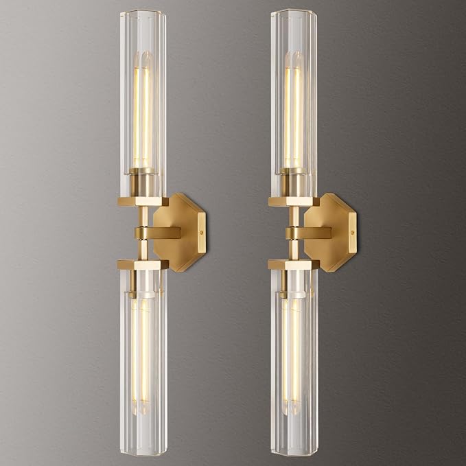 Crystal Bathroom Vanity Wall Sconces Set of Two Gold Modern Sconces Wall Lighting, 28.5in Brass Vanity Lights,Indoor Linear Wall Sconce Light for Bedroom,Hallway,Staircase,Living Room,Dining Room