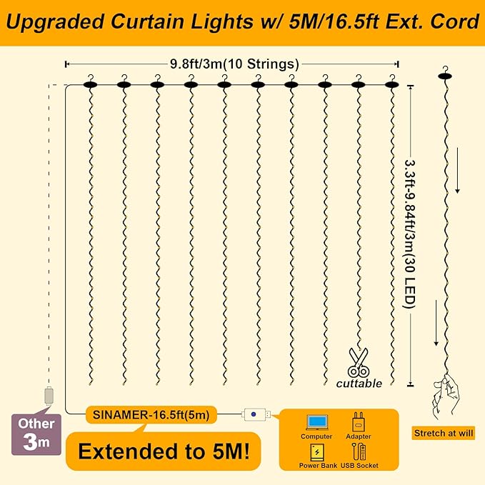 Curtain String Lights, Multicolor Curtain Light for Bedroom, USB Powered 8 Modes Remote Fairy Light for Home Wedding Party Decor