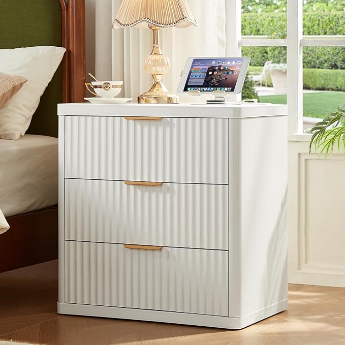 LEYAOYAO 23" Wide Fluted Farmhouse Night Stand Set of 2 with Charging Station, 3 Drawers Large End Table w/Metal Handle,White Nightstand Bedside Table,Wood Dresser for Bedroom, Closet
