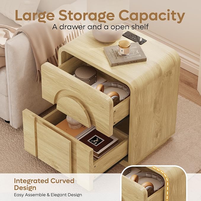 Bestier Night Stand Set of 2, Nightstands with Charging Station, Mid Century Modern Bedside Table with 2 Drawers Storage, Arch Design Doors, Curved Profile, Side End Tables for Bedroom