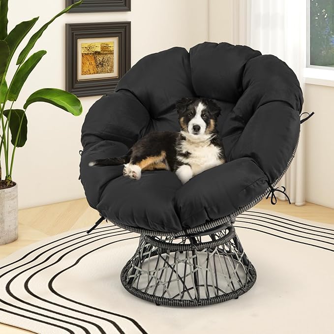 RELAX4LIFE Swivel Wicker Papasan Chair - 360° Rotatable Comfy Circle Chairs with Cushion and Frame for Indoor & Outdoor, Oversized Lazy Lounge Reading Chair for Bedroom, Living Room, Balcony, Patio