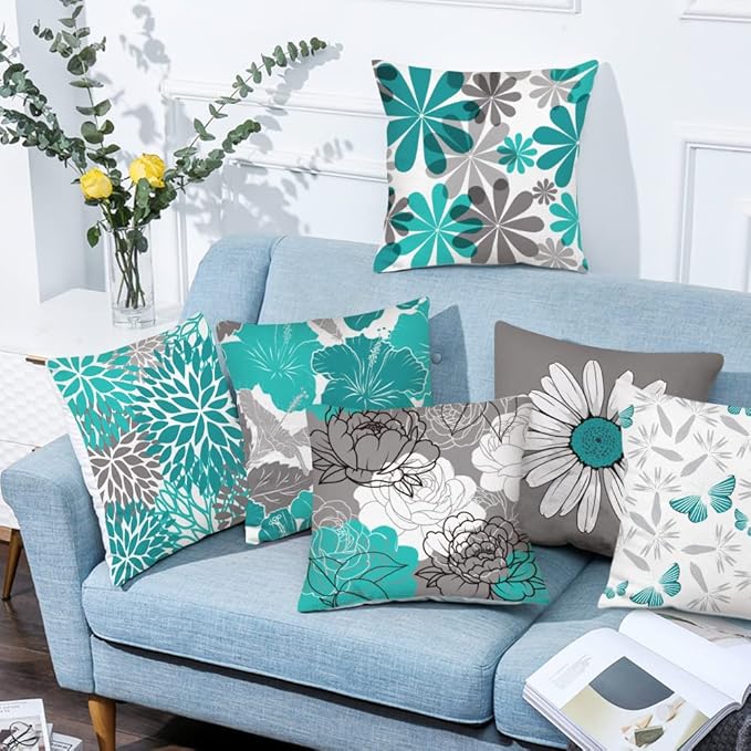 COMMINY Teal Grey Pillow Covers 16x16 Set of 6 Decorative Daisy Flower Throw Pillow Cover for Couch Modern Turquoise Pillow Case for Patio Living Room Cushion Bed Farmhouse Home Decor