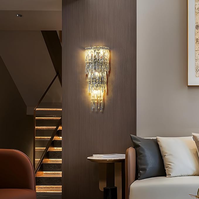 Wall Sconces,Modern Crystal Wall light Fixtures Indoor Luxury Chrome Wall Lamp,K9 Acrylic Crystal Drops Wall Lamp,Elegant Wall Lighting for Bedroom Bathroom Hallway Living room Mirror Bedside