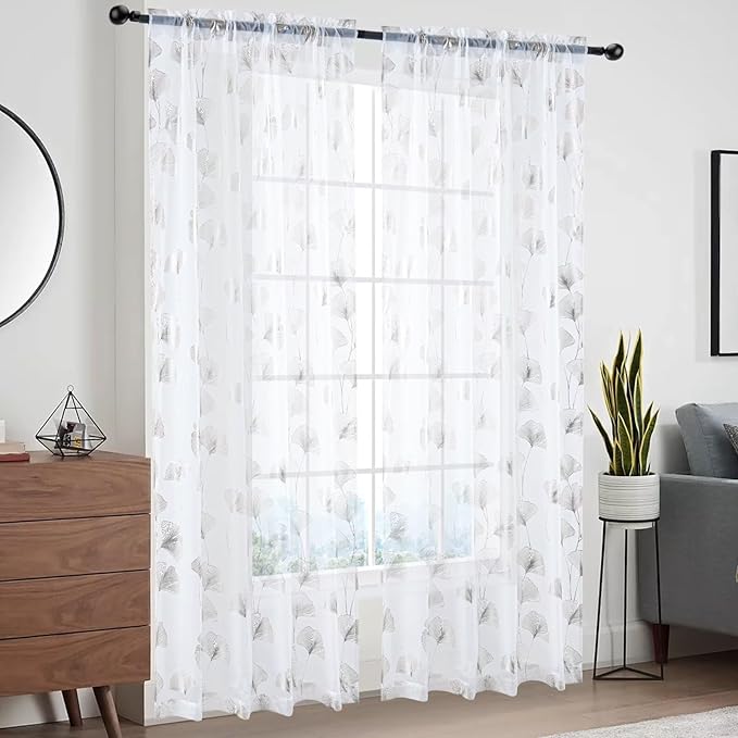 Silver Foil Print Sheer Curtains 96 inches Long, 2 Panels Ginkgo Bronzing Treatment Sheer Curtain, Rod Pocket Window Treatment Panels for Bedroom Living Room
