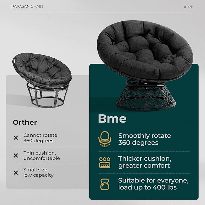 Bme 40" Ergonomic Wicker Papasan Chair with Soft Thick Density Fabric Cushion, High Capacity Steel Frame, 360 Degree Swivel for Living, Bedroom, Reading Room, Lounge, Onyx Stone - Black Base