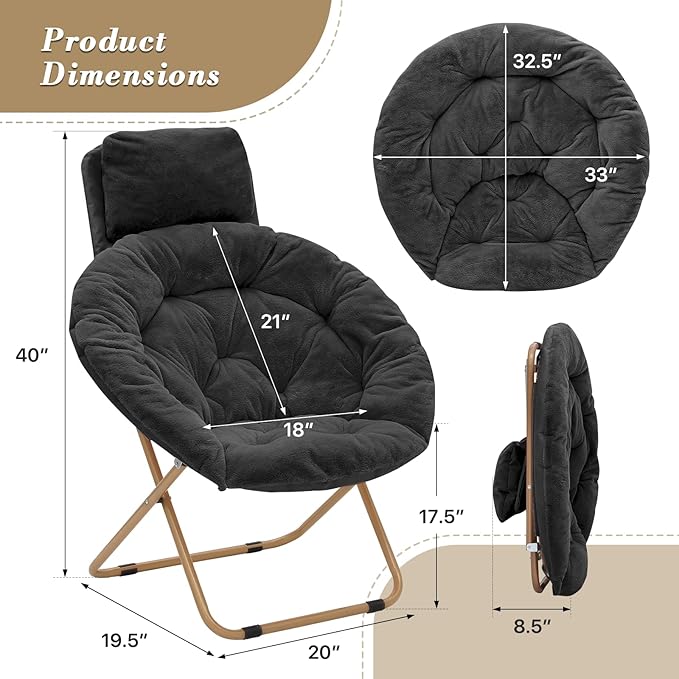 Athena Collection Comfy Saucer Chair with Headrest Oversize Round Cozy Chair Folding Chair Faux Fur Metal Frame Foldable Reading Chair Accent Chair for Bedroom Living Room, Black