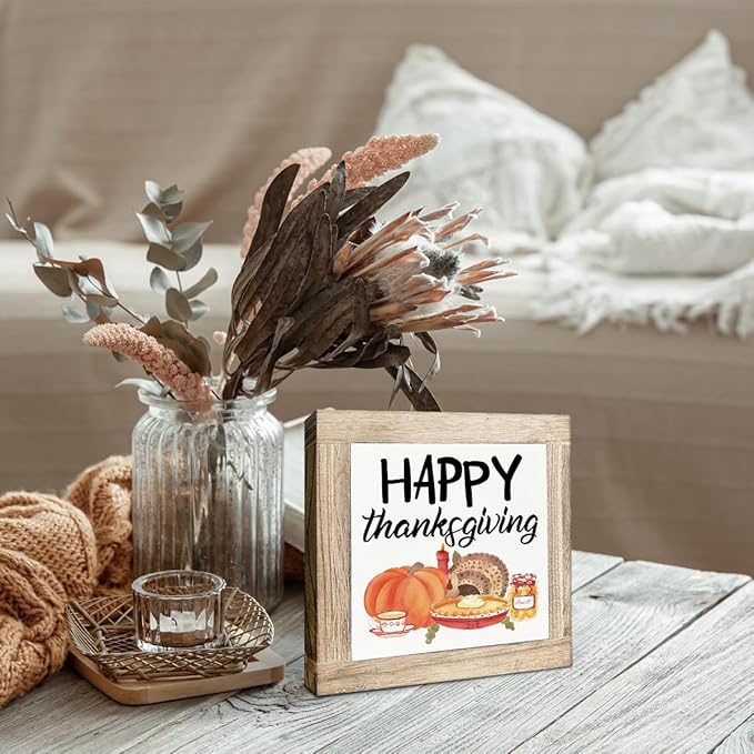 Happy Thanksgiving Wood Signs, Fall Decor Art, Decorative Wooden Plaque for Office Home Party Decors, Pumpkin Decoration, Thanksgiving Gift, Box Sign Wood Desk Sign Decor 5.9X5.9X0.7inches