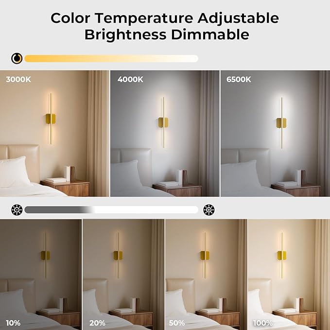 Battery Operated Wall Sconce Detachable 360°Rotate, Wireless Wall Lamp 3000-6500K Dimmable, 10000mAh Rechargeable Wall Light for Bedroom, Living Room,28" Black Gold (4 Pack)