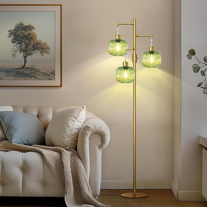 Glass Floor Lamps for Living Room, Stepless Dimmable Tree Standing Lamp with Green Lamp Shape, 69In Modern Tall Lamps for Bedroom, Rotary Switch, 3×600LM LED Bulbs Included