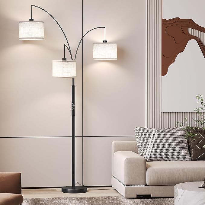 SUNMORY 3 Lights Floor Lamp with Remote Control and 3 Stepless Dimmable Bulbs, 78" Tall Standing Lamp with Hanging Drum Shade & Heavy Base, Modern Arc Floor Lamps for Living Room, Bedroom, Office