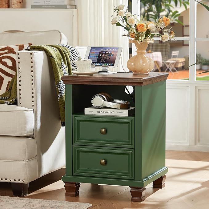 Farmhouse Nightstand with Charging Station, Rustic Green Nightstand,2 Drawers End Table for Living Room,Bedside Table with Open Shelf for Bed Room,Green