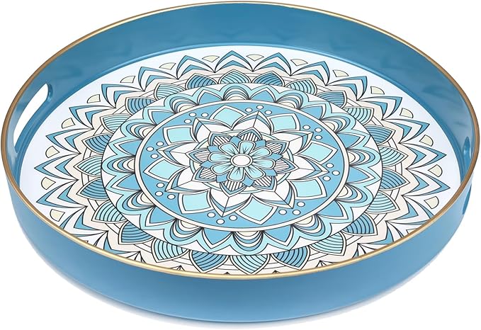 Round Cyan Decorative Tray for Coffee Table, Ottoman, 13” Plastic Serving Platter Tray with Handles for Entertaining, Living Room